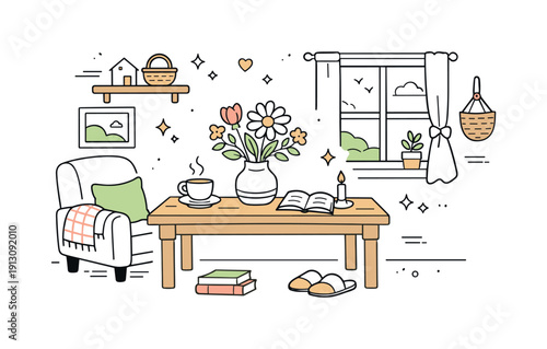 Cottagecore living room. A cozy rustic interior with a wooden table, flowers in a vase, and soft natural light from a window. Calm domestic