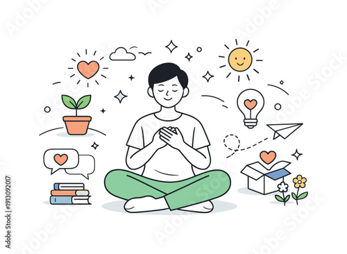 Mindset of appreciation. A person surrounded by gentle symbols of kindness, growth, and optimism, visualizing positive psychology principles.