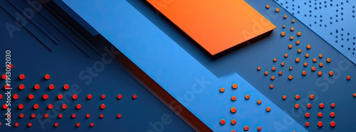 Blue background with orange geometric patterns and diagonal lines