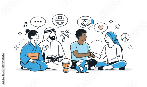 Global cultural inclusion. Figures representing different cultures connected through conversation and shared activity. Clean composition and