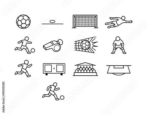   Penalty kick. Line outline icon set of penalty kick: soccer ball, penalty spot, goal posts,