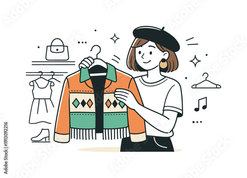 Vintage fashion shopping. Person holding a unique second-hand jacket or dress, smiling with appreciation. Editorial mood of individuality and