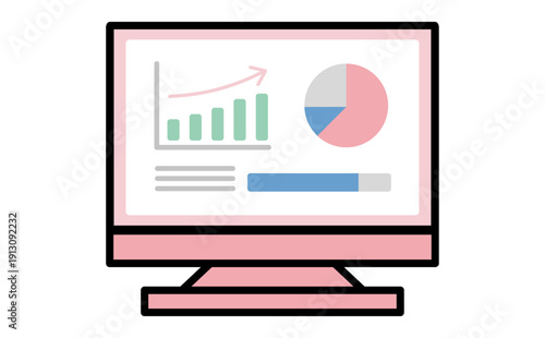 業務データや売上を分析や可視化するデスクトップパソコンのビジネスイラスト