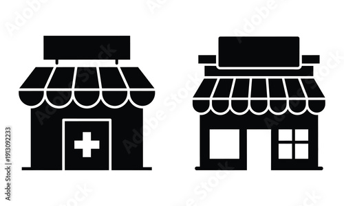 Black and white storefronts with awnings and signs