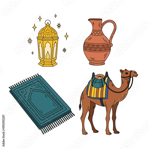 Traditional Middle Eastern and Islamic cultural elements including a camel, prayer rug, lantern, and pottery jug.
