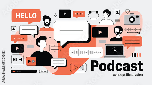 Flat design illustration concept of podcasting with audio waveforms, communication icons, and people icons representing conversation and sharing