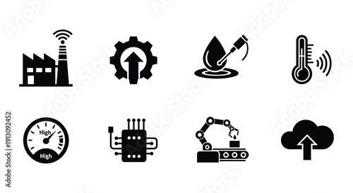Industrial icons depicting manufacturing automation and data technology concepts