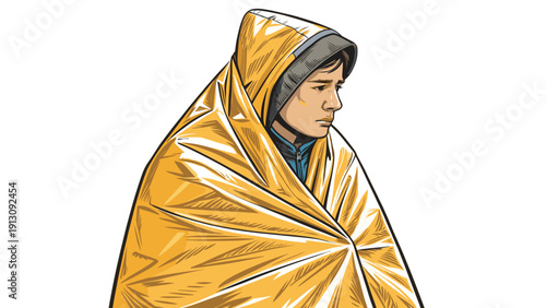 Young man wrapped in emergency blanket looking contemplative  