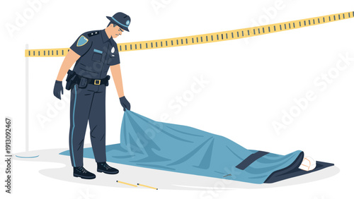 Police officer uncovering body at a crime scene with caution tape  