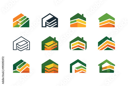    Energy efficiency consulting for homes. Icon set. Set Logo of Energy efficiency consulting for homes: insulation layers inside walls.