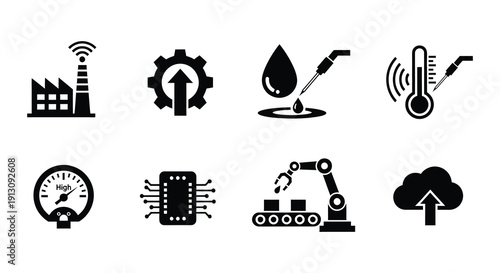 Industrial icons depicting manufacturing automation and data technology concepts