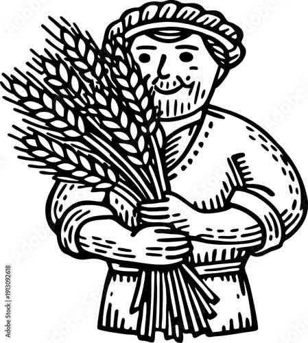 Farmer holding ripe wheat sheaves in hands, grain harvest and agriculture concept illustration
