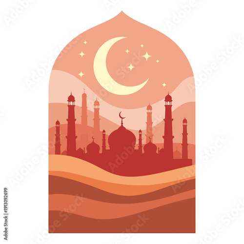 Mosque silhouette with crescent moon and stars in an arch frame.