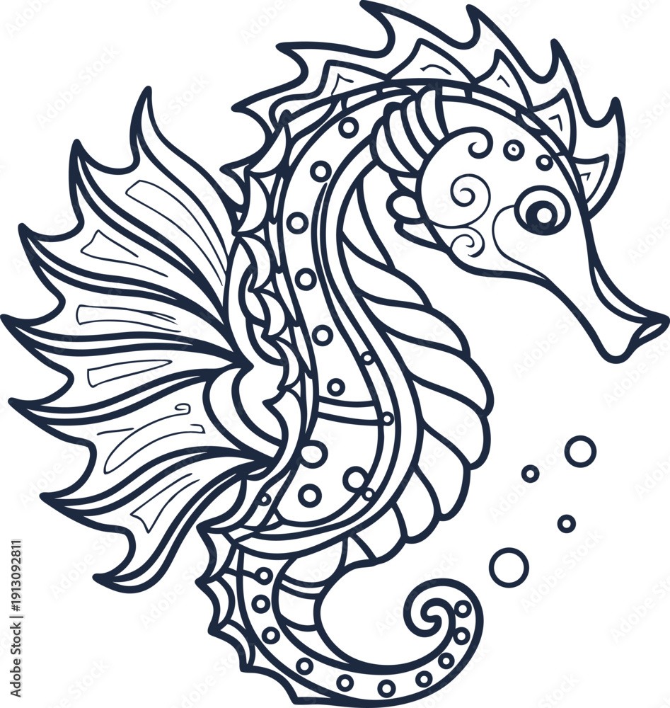 Obraz premium Intricate seahorse line art illustration with decorative patterns and swirling details