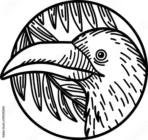 hand drawn raven head with large beak inside circular frame and tropical palm leaf background