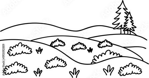 Black and white hand drawn landscape with hills, bushes, and pine trees in simple line art