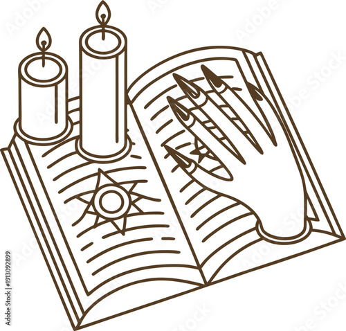 Witchcraft spellbook with candles and magical symbols, occult ritual hand with long nails
