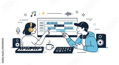 Creative Studio Collaboration. Recording studios and music production. A collaborative studio scene with two people discussing music while pointing at a track