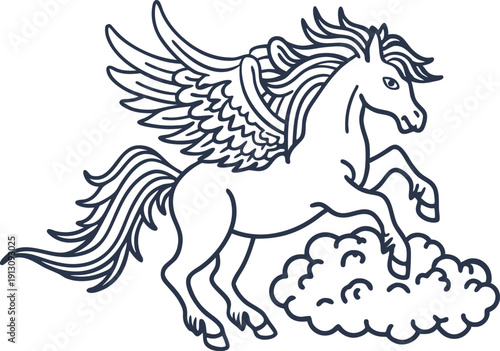 Winged pegasus horse flying above cloud, fantasy mythical creature outline drawing