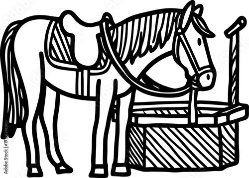 Horse with saddle drinking water from a well, farm animal outline illustration