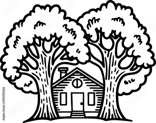 Cozy wooden cabin nestled between two large leafy trees in nature, countryside forest retreat illustration