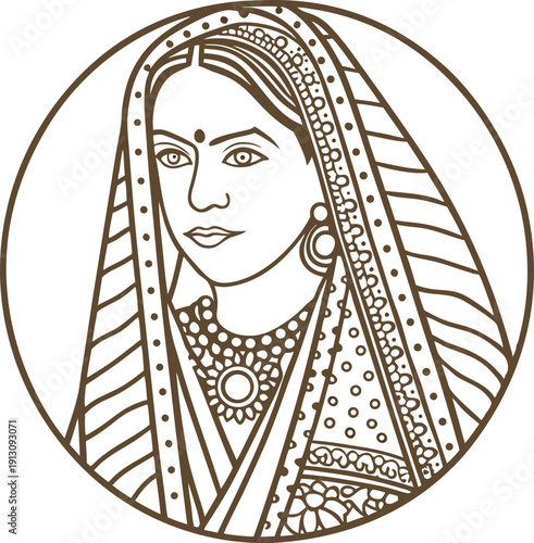 Traditional indian woman wearing saree and jewelry detailed line art portrait in circular frame