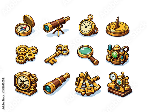 Brass gadgets. Colorful isometric vector icons set of Brass gadgets: vintage compass, brass telescope, pocket watch, sundial, gear mechanism,