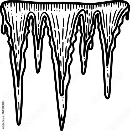 detailed hand drawn icicles hanging from a roof edge with dripping water and textured shading