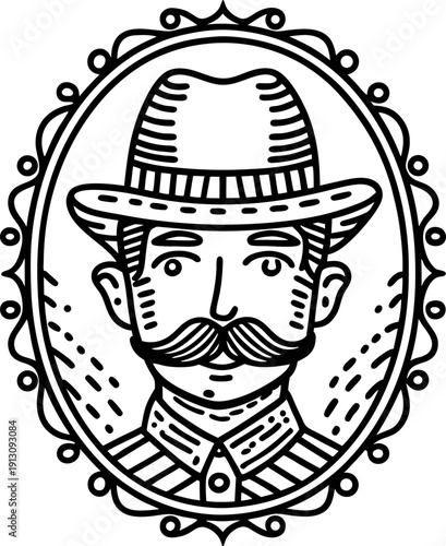 Vintage gentleman portrait with mustache and hat in decorative oval frame illustration