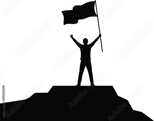 Winner silhouette holding flag on mountain peak success achievement leadership motivation victory concept isolated on white background - flat vector illustration