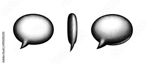 Comic Speech Bubble Views. Comic speech bubble shown as a single rounded speech bubble object presented in three views: front view, side view, and