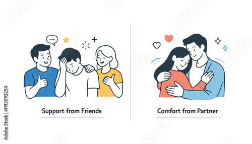 Emotional support comparison. Friends offering encouragement versus romantic partners offering care, clear contrast and warmth. Two simple