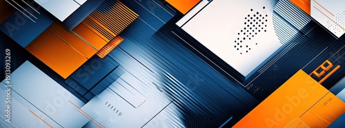 Blue background with orange geometric patterns and diagonal lines