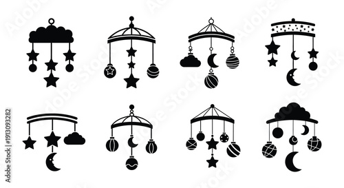 Collection of baby mobiles featuring stars moons and cloud designs