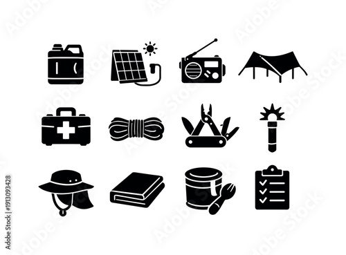 Desert camping experiences. Solid icon set of survival essentials: water jug, solar charger, emergency radio, shade tarp, first aid kit, rope