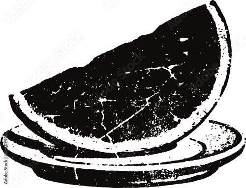 Black and white grapefruit slice on a plate illustration with textured retro