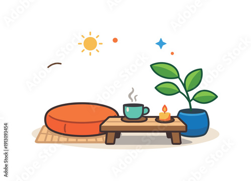 Zen-inspired home sanctuary centered on a floor cushion, low table and a single indoor plant creating a calm corner for mindfulness and quiet