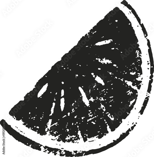 Grunge black and white lemon slice illustration with textured distressed effect