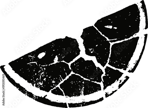 Black and white distressed citrus slice illustration with textured and cracked surface