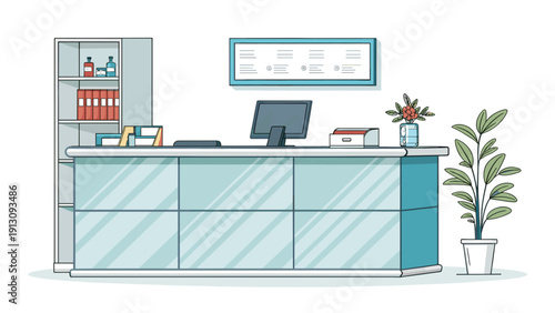 Modern reception desk with computer and plant in minimalist office  