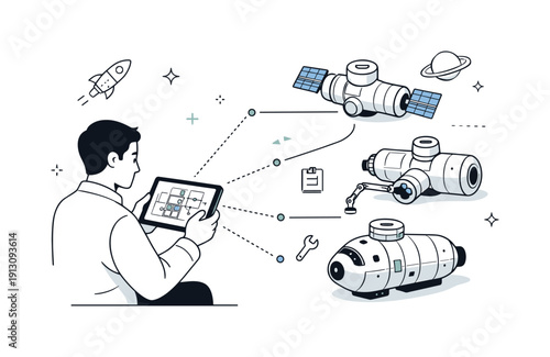 Space station modules. A researcher reviews space station module layouts on a tablet, linking design planning with space exploration. Calm