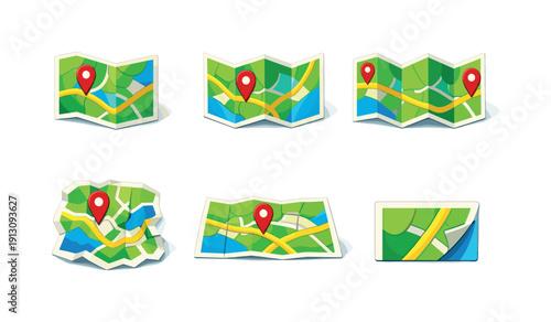    MapFold. Isometric flat vector icons set of MapFold: map half-folded, map tri-folded, map accordion fold, map crumpled fold, map with visible