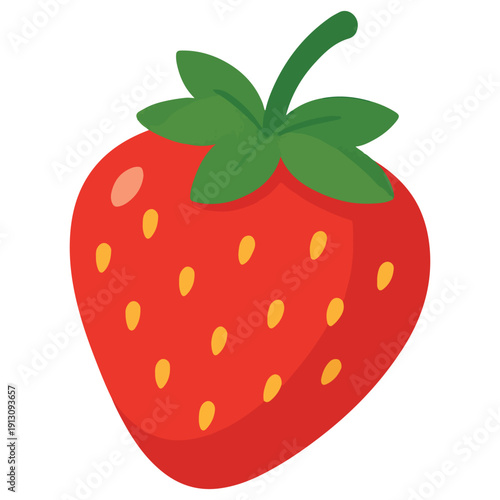 A red strawberry with tiny seeds and a green stem. A sweet and simple flat-style vector for dessert, berry, and summer themes.