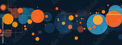 Blue background with orange geometric patterns and diagonal lines