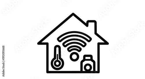 Simple line drawing of a smart home with wifi temperature and security features