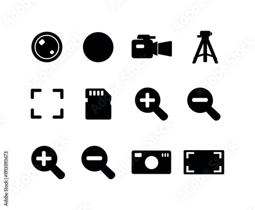   Video Recording. Filled icon set of Video Recording: camera lens, record button, camcorder,