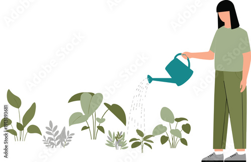 Woman watering plants with watering can gardening hobby home garden care eco lifestyle vector illustration isolated background - flat vector illustration