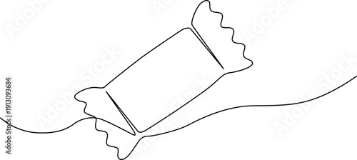 A detailed outline of a candy bar wrapper with a wavy edge and a tear open tab. Vector