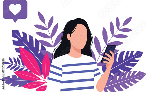 Woman using smartphone with social media like notification modern lifestyle vector illustration isolated on white background - flat vector illustration