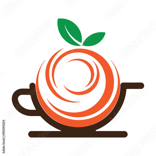 Stylized Orange Swirl Logo with Leaves in Coffee Cup Silhouette, representing freshness and creativity, isolated on transparent background